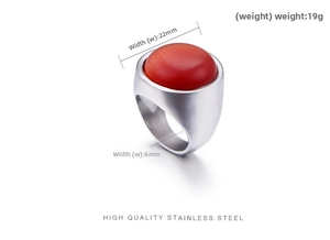 Detail view of steel ring with red opal inlay showing 22mm width and 19g weight