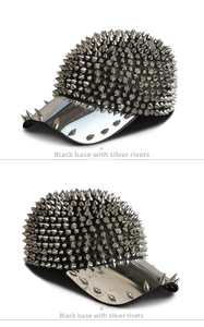 Detail of punk style baseball cap with silver cone studs and metallic mirror brim