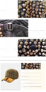 Detail view of black punk baseball cap featuring gold spiked studs and adjustable metal buckle