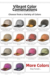 Matrix showing 14 colorful punk style baseball caps with metallic spike rivet details