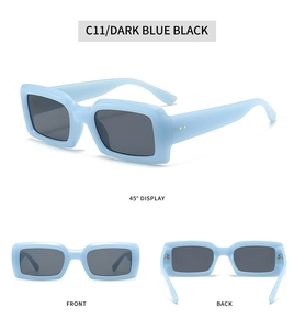 Detailed multi-angle view of model C11 dark blue rectangle sunglasses with black lenses