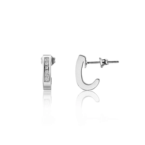 Elegant silver C-shaped hook earrings with inlaid crystals and a polished metallic finish