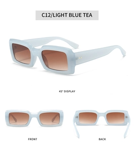 Three-way view of light blue rectangular sunglasses with tea gradient lenses and metal rivets