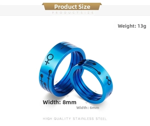 Blue plated stainless steel couple rings set with gender symbols and width details