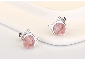 Close-up of S925 silver cat ear stud earrings featuring pink strawberry quartz stones