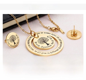 Detail of tree of life double ring pendant necklace in gold and silver finish