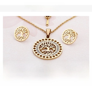 Detail view of 18K gold-plated stainless steel Tree of Life jewelry set with zircons