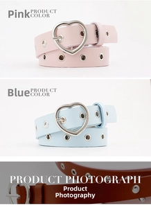 Detail of heart shape metal buckle on pink, light blue, and brown leather waist belts
