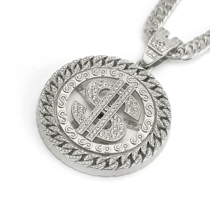 Collier à pendentif signe dollar en argent avec chaîne cubaine et strass brillants