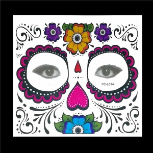 Colorful sugar skull face tattoo sticker for Halloween with floral and heart patterns