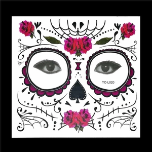 Detailed Day of the Dead face tattoo design featuring pink roses and sugar skull elements