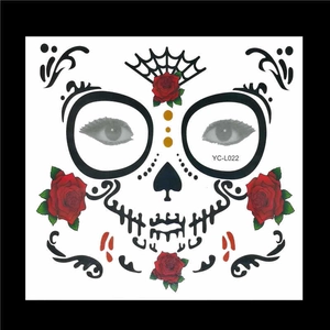Detailed Day of the Dead face tattoo design featuring red roses and spider web patterns