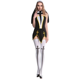Black and white nun cosplay costume with gold cross embroidery and matching stockings