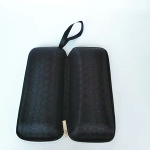 Portable black EVA zipper sunglasses case with honeycomb texture and lanyard attachment