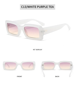 Detail view of white translucent rectangular sunglasses with purple gradient lenses