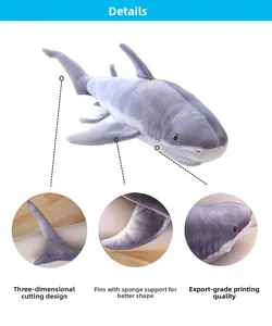 Detailed views of shark plush toy showing tail, fins and soft material texture