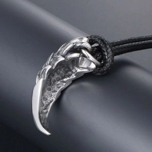 Retro dragon scale tiger tooth tiger claw stainless steel pendant on black cord necklace