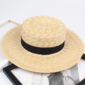 Women Elegant French Style Boater Hat Natural Wheat Straw Wide Flat Brim Summer Beach Sun Protection With Black Ribbon Bow