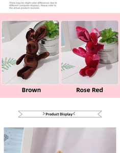 Detail of plush rabbit pendants in brown and rose red colors with soft velvet texture
