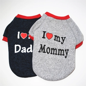 Detail of navy and grey pet fleece hoodies with I Love My Dad print and red trim