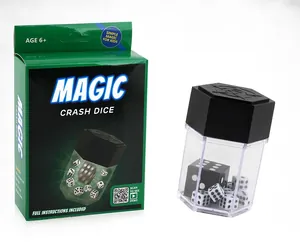Macro detail of Exploding Dice magic trick set with transparent container and mini dice