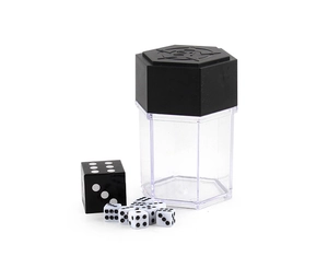 Detail view of transparent dice cup with a large black die and multiple white mini dice