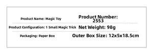 Specifications of broken pen restoration magic trick toy with packaging dimensions and weight