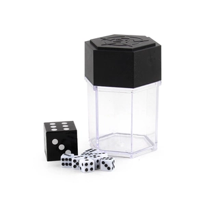 Magic dice set with hexagon container and assorted black and white gaming dice