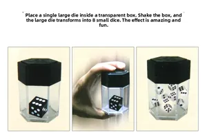 Visual demonstration of magic trick box transforming one large die into eight small dice