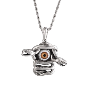 Gothic punk snake necklace with brown devil eye pendant in vintage silver stainless steel