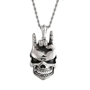Collier Pendentif Crâne Acier Inoxydable Geste De La Main Rock On Hip Hop Punk Gothique Bijoux Pour Hommes