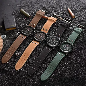 Men military watches with matte leather straps and chronographs in diverse colors