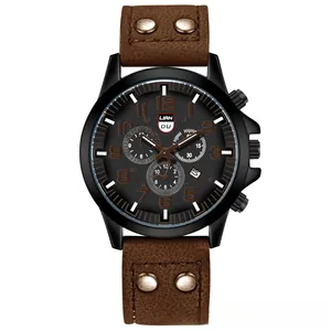 Macro view of men's military sport watch showing vintage brown leather strap with rivets