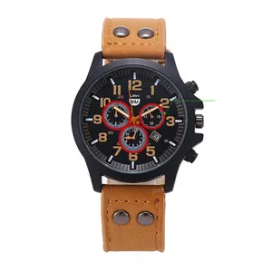Men's quartz watch with black dial and light brown leather strap with stud details