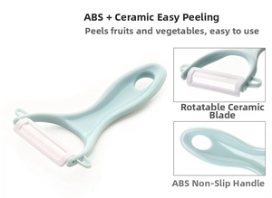 Detail of the rotating ceramic blade and non-slip light blue handle on a vegetable peeler