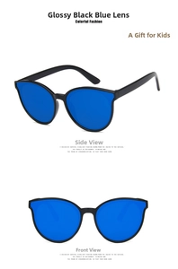 Detail view of round children's sunglasses with black frames and blue mirrored lenses
