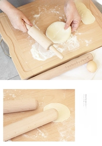 Detailed view of solid wood rolling pin with metric and inch scales for baking