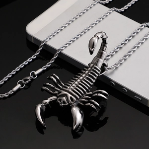 Hip hop scorpion pendant necklace in silver stainless steel on twisted rope chain