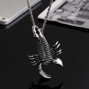 Hip hop silver scorpion pendant necklace with twisted rope chain for men on black background
