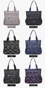 Collage of multi-patterned nylon tote bags showing floral, grid, and geometric designs
