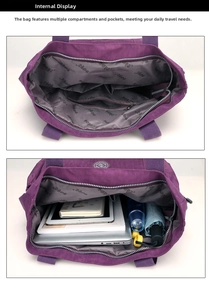 Macro view showing large capacity nylon tote bag with multiple storage compartments
