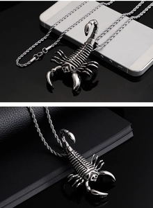 Macro view of 3D scorpion pendant with twisted rope chain in polished silver finish