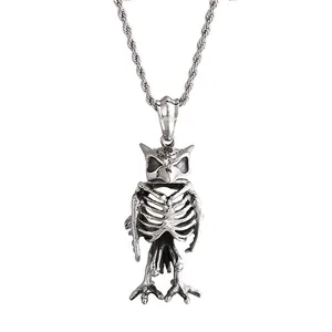 Owl Skeleton Pendant Necklace 316L Stainless Steel Gothic Punk Animal Bone Biker Jewelry For Men