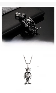 Detail view of gothic owl skeleton pendant in stainless steel with 60x27mm measurements