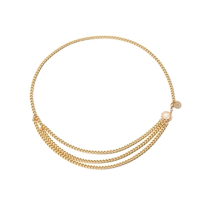 Gold multi-layer body chain featuring vintage queen embossed coins and tiered rings