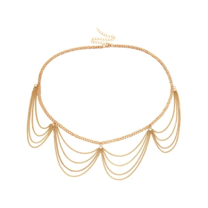 Detail view of gold multilayer body chain with fringe tassels and adjustable lobster clasp