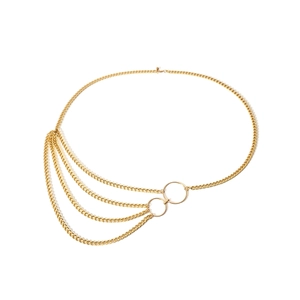 Detailed view of layered gold metal waist chain with elegant four-tier drape design