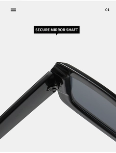 Detail of secure mirror shaft and durable hinge on modern black square frame sunglasses