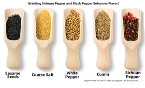 Detail of five wooden spoons filled with black pepper, salt, and spices for electric grinder
