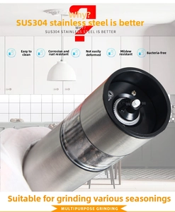 Detailed close-up of adjustable ceramic core and SUS304 stainless steel pepper grinder